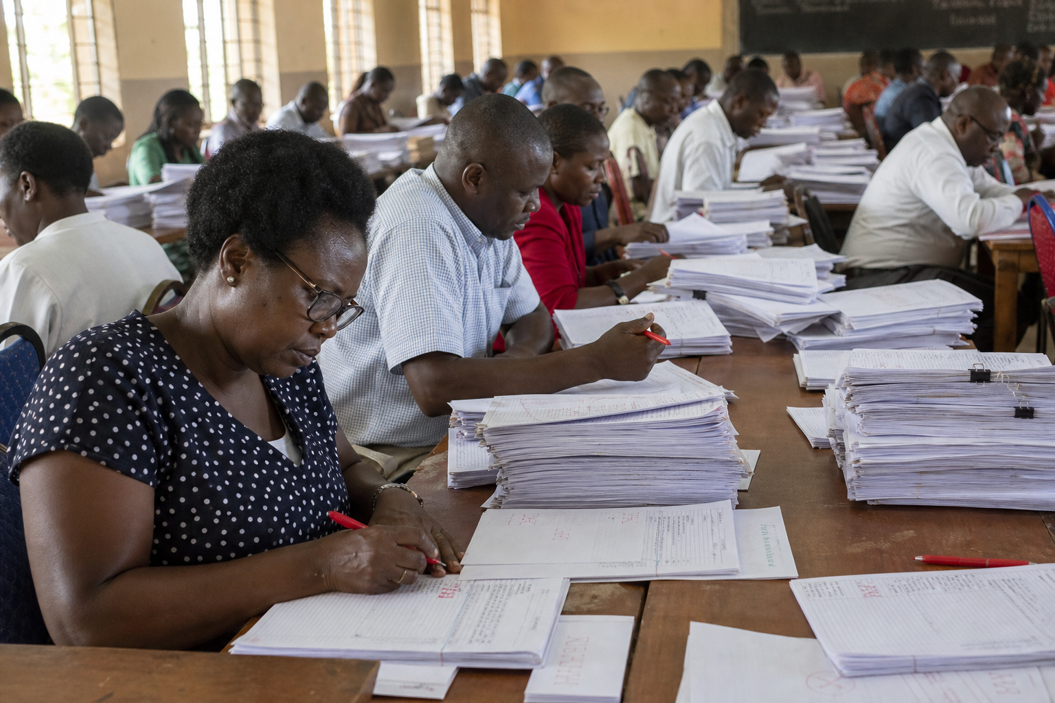 Teachers marking mock scripts